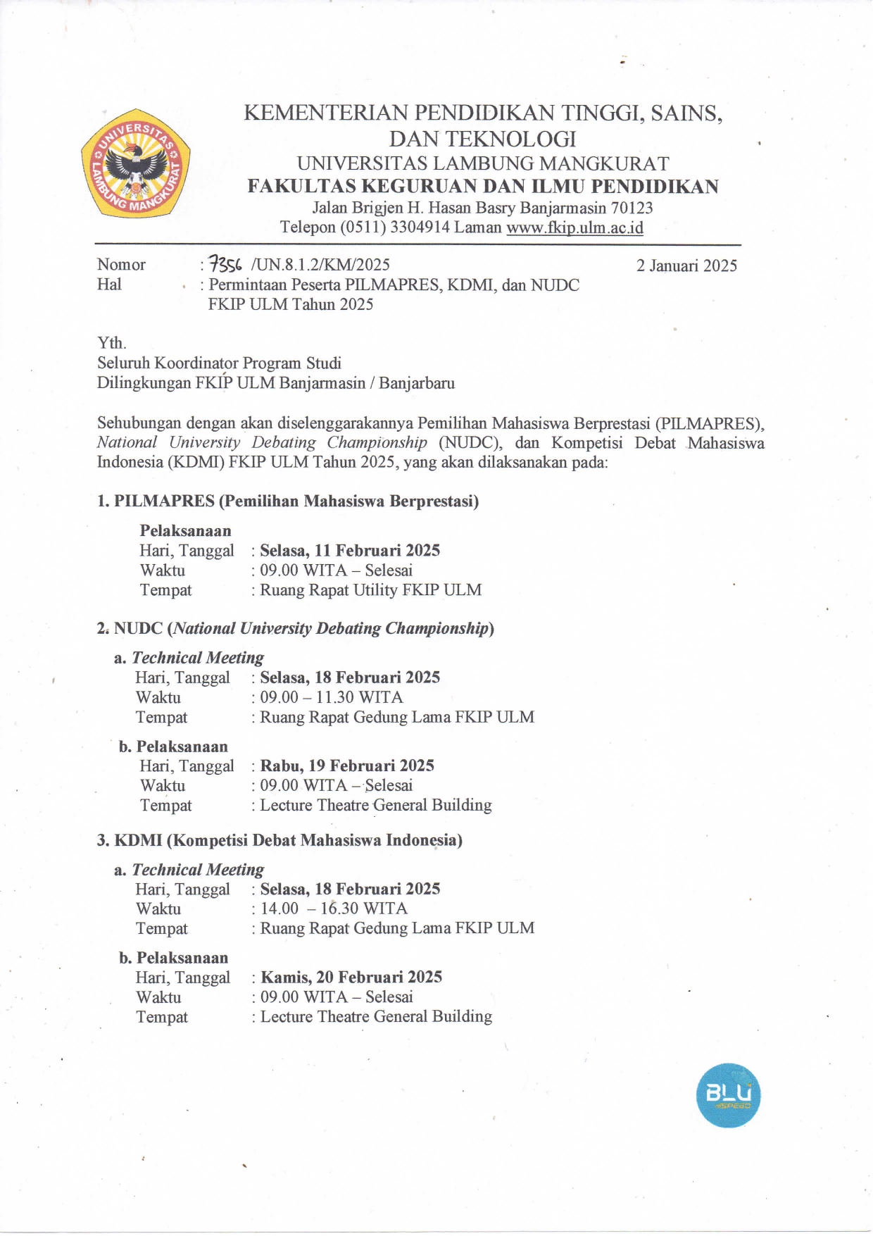 PERMINTAAN PESERTA PILMAPRES, NUDC DAN KDMI FKIP ULM Tahun 2025 ...